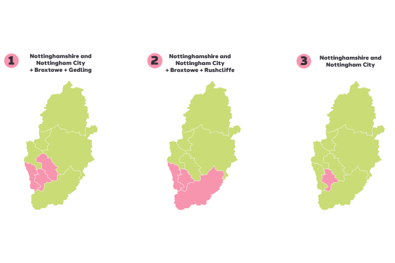 Three maps showing three options for LGR in Nottingham and Nottinghamshire