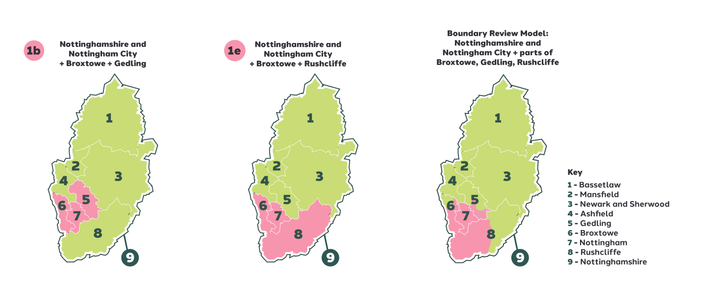 3 illustrated maps outlining option 1b, 1e and the boundary review for LGR